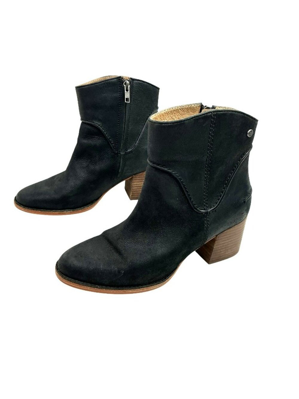 UGG Anne Leather Stacked Heel Zip Ankle Boots Womens 8.5 Black